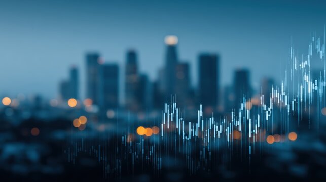 City Skyline with Blurred Background and Graphical Data Representation for Financial Concepts