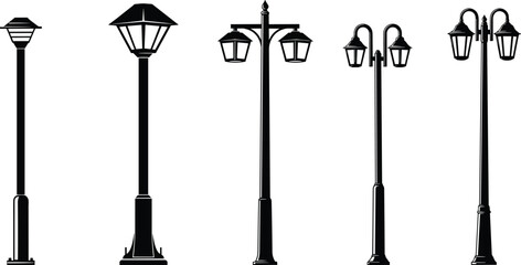 Silhouettes of modern and traditional street lamps, vector illustration of outdoor lighting fixtures with single and double lantern designs
