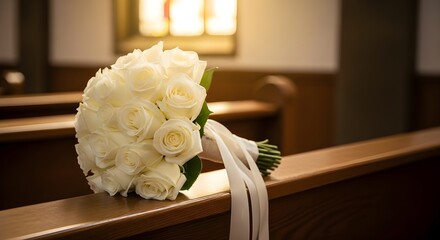 a bridal bouquet of white roses tied with silk ribbon rests on a wooden church pew, sunlight streaming through stained glass.