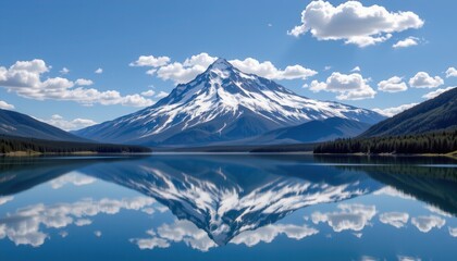 Obraz premium Majestic snow-capped mountain reflection on serene lake under a bright blue sky with fluffy clouds