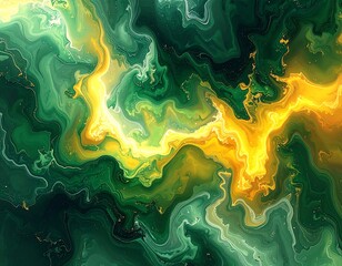 An abstract swirling composition of green and yellow hues creates an ethereal and flowing effect, resembling a cosmic nebula