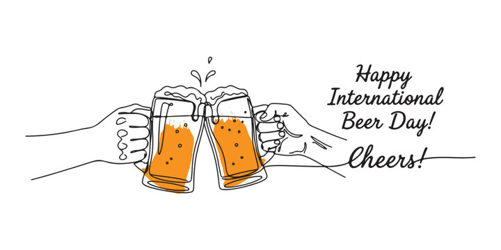 Minimalist line art illustration of two hands clinking beer mugs with foam splashing, celebrating International Beer Day. Features festive text “Happy International Beer Day! Cheers!”
