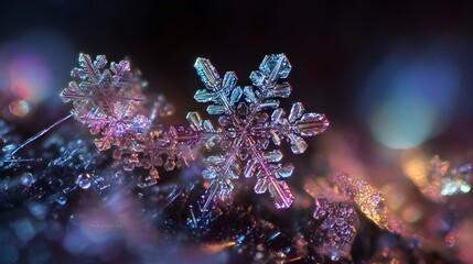 Naklejka premium Macro Close-up of Iridescent Snowflake Crystal with Vibrant Pink and Purple Bokeh
