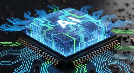 AI chip on circuit board with glowing lines