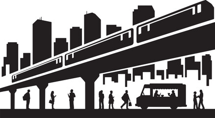 City Transit Elevated Train Silhouette Urban Commute Skyline Scene
