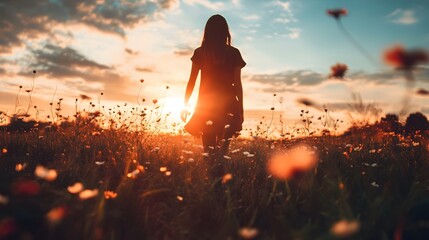 Naklejka premium Silhouette of a woman walking towards the sunset in a field of wildflowers.