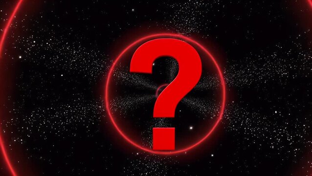 A large, glowing red question mark symbol enclosed within a luminous circle representing mystery, questions, and the unknown