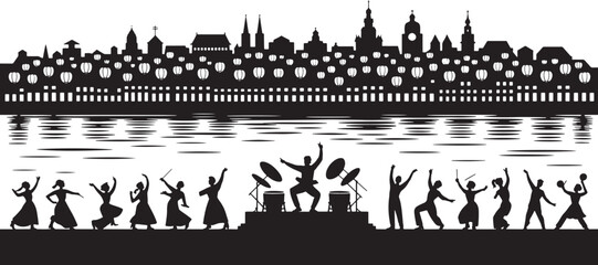 Cityscape Vector Silhouette Waterfront Drummers Dancers Celebration Performers Harmony