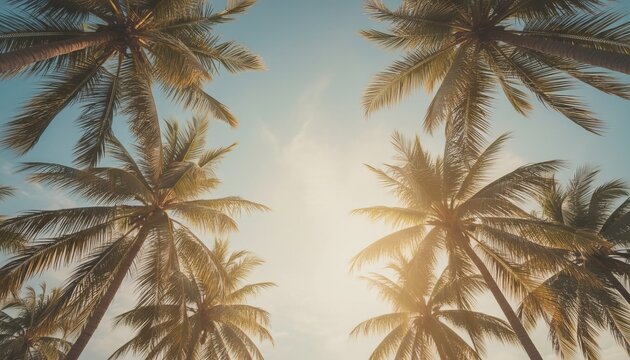 Blue sky with palm trees, vintage retro tone, soft sunlight, tropical summer vibe, ideal for panoramic background - Powered by Adobe