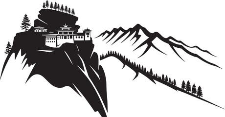 Fototapeta premium Detailed Mountain Range Silhouette with Cliffside Buildings and Forest Against a Transparency