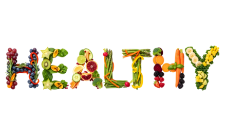 The word HEALTHY spelled out using colorful fruits and vegetables, isolated on white background