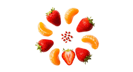 Strawberries and mandarin orange segments arranged in a circle on a white background, top view