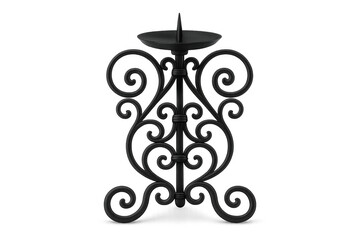 Black wrought iron candlestick with ornate vintage design for home decor, featuring artistic scrollwork and candle holder, transparent background