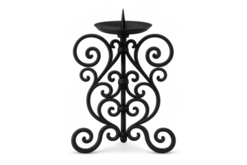 Black wrought iron candlestick with ornate vintage design for home decor, featuring artistic scrollwork and candle holder, transparent background