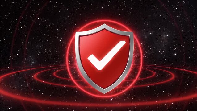 A glowing red shield with a white checkmark icon represents cybersecurity and data protection in a futuristic digital space