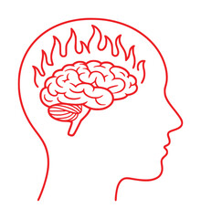 Red outline of a human head with a brain on fire inside, symbolizing stress or intense thought