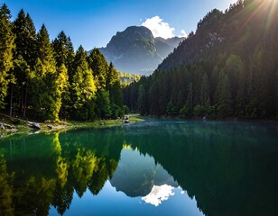 Serene alpine lake reflecting mountains and evergreen forest under sunlight