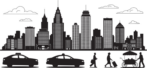 Metropolitan Cityscape Vector Black and White Skyline with Buildings, Cars and People Silhouettes