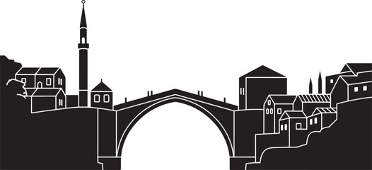 Mostar Bridge Bosnia Vector Silhouette Art for Travel or Historical Designs