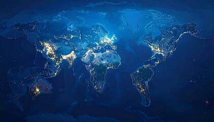A world map depicted at night, showcasing the illumination of cities and towns against the dark backdrop of oceans and continents