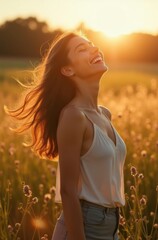 Candid Woman Laughing in Sunlit Meadow with Cinematic Glow