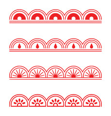 Set of four red decorative borders with semicircular patterns on white background