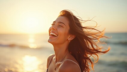 Candid Woman Laughing by the Ocean with Golden Light and Breeze