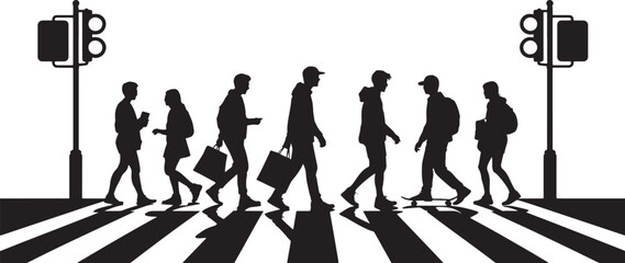 Silhouetted People Cross Street Under Traffic Lights Safe Urban Pedestrian Crossing Zone