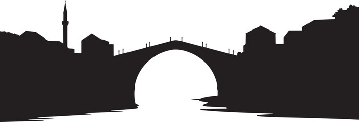 Fototapeta premium Stari Most Bridge Mostar Bosnia Herzegovina Reflection, Cityscape Skyline Silhouette Vector