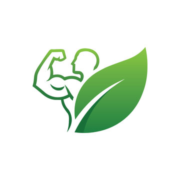 bodybuilding logo of a man flexing his arm next to a green leaf symbol