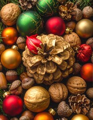 Close-up festive arrangement of ornaments, nuts, pine cones, and greenery, creating a rich texture. Colors include gold, red, and green