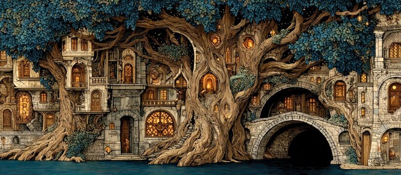 A whimsical tree-house city with buildings integrated into a colossal tree