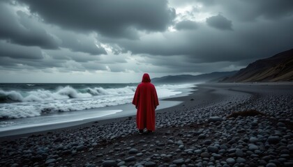 Dramatic Seascape with Figure in Red Cloak Overlooking Stormy Ocean and Dark Clouds on Rugged Beach