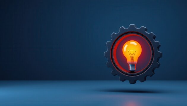 Illuminated Light Bulb Inside Gear Symbolizing Innovation and Creativity in Technology and Industry