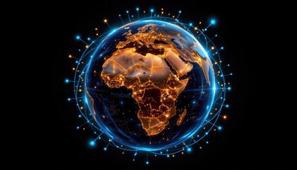 Obraz premium Digital Earth Representation with Network Connections and Glowing Elements Showcasing Africa and Global Technology Concept