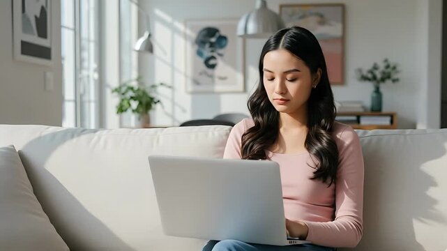 Young woman working remotely on laptop while sitting on a couch at home during day
