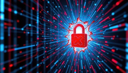 Digital Security Concept with a Red Cross Lock Symbol Against a Dynamic Background of Lines and Light Effects