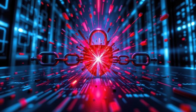 Futuristic digital lock design with exploding particles and glowing chains representing security and technology themes