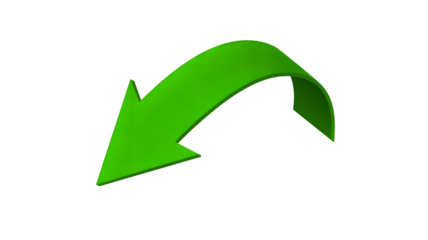 Bright green curved arrow pointing downwards and to the left isolated on transparent background