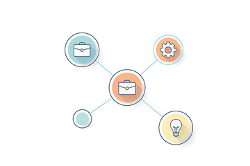 Illustration of business concept network with icons for idea, work, and process