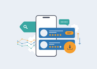 Mobile app marketplace optimization concept with star ratings, user reviews, download buttons, search bars, and app store analytics charts improving visibility and engagement, vector illustration.