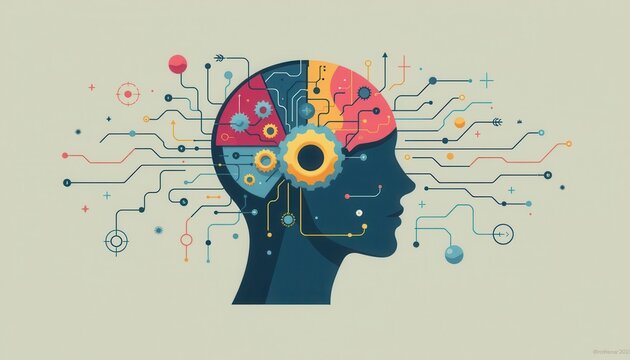 Abstract Concept of Human Mind with Gears, Circuits, and Data Streams Illustrating Intelligence and Technology Interaction