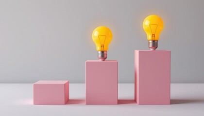 Creative Concept of Light Bulbs on Pink Geometric Shapes Representing Ideas Growth and Innovation in Business Strategy Visuals