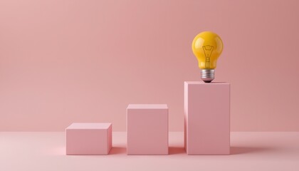 Creative Growth Concept with Pink Blocks and Light Bulb on a Soft Pink Background for Business Theme