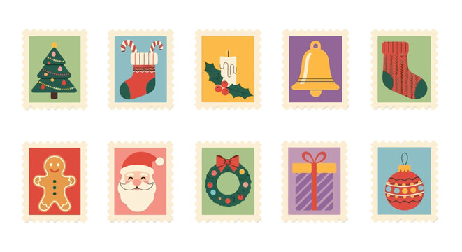Vintage Christmas Stamps Collection Festive Holiday Icons for Cards and Crafts