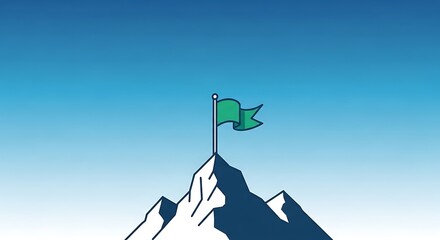 Illustration of green flag on mountain peak symbolizing achievement and reaching goals