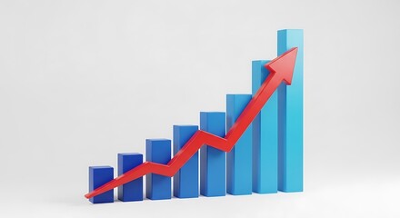 Illustration of financial bar chart with red arrow showing upward trend and business growth