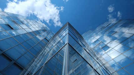 Fototapeta premium Modern architecture building with glass facade against blue sky symbolizing progress and innovation in urban environment