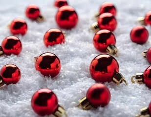 Red christmas ornaments scattered on white snow create festive holiday scene with bright colors and joyful mood.