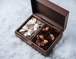 Chocolates sit nestled in a brown box adorned with elegant bows on a bed of snow, creating a festive and luxurious winter scene.